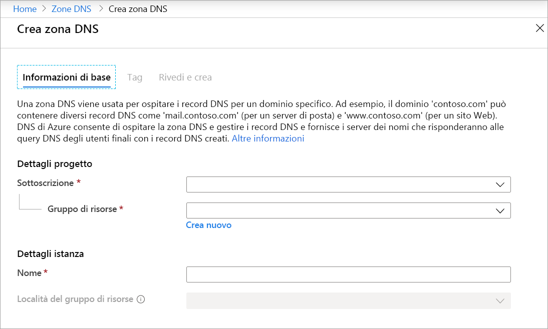 Screenshot della pagina Crea zona DNS.