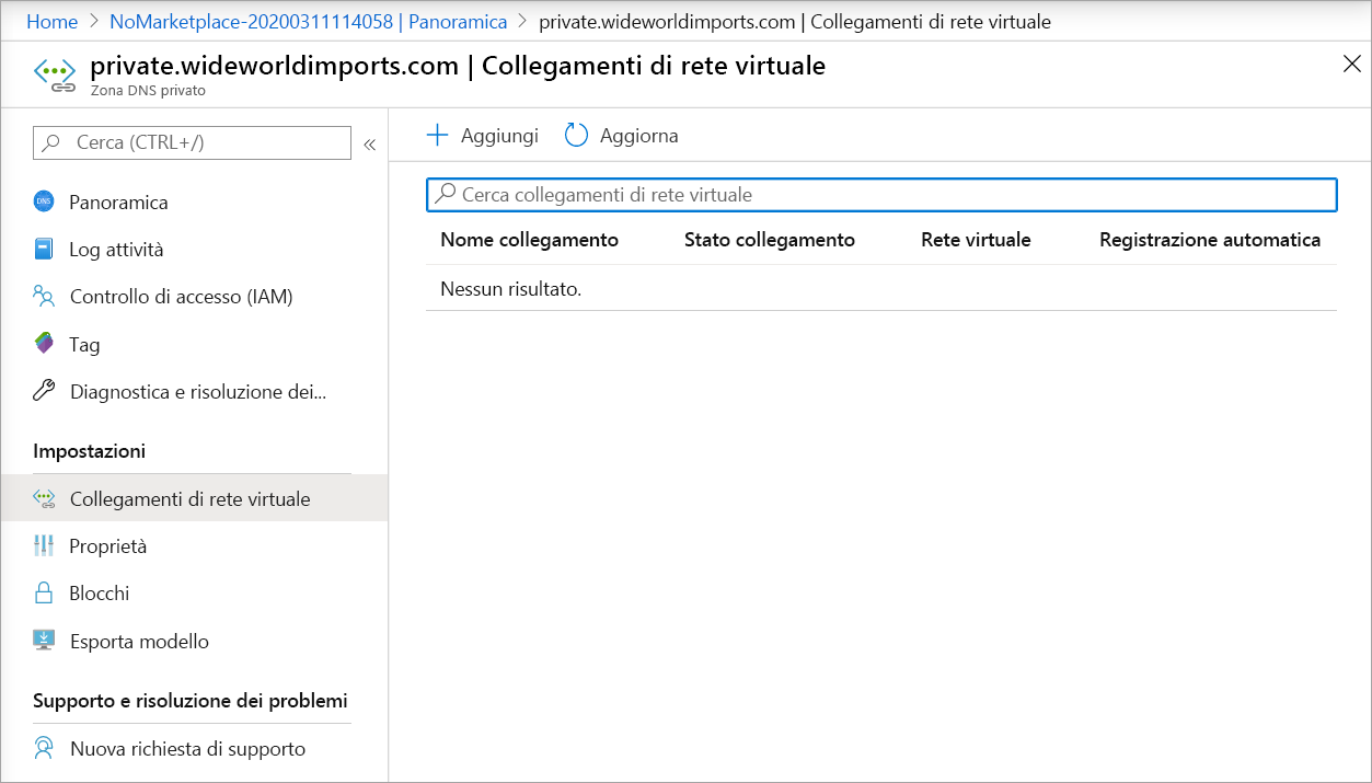 Screenshot dei collegamenti di rete virtuale nella zona del DNS privato.