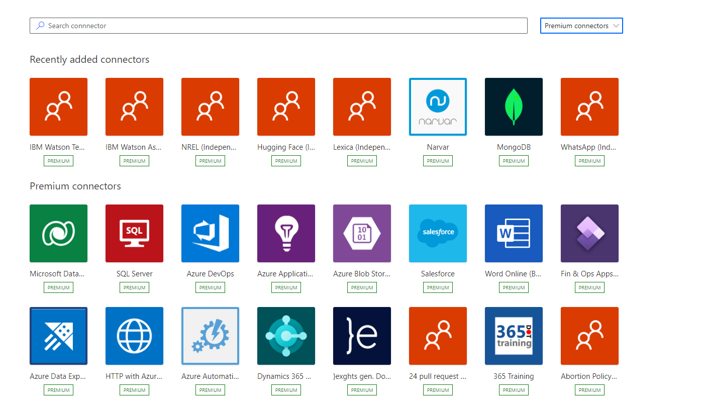 Screenshot dei connettori Premium disponibili.