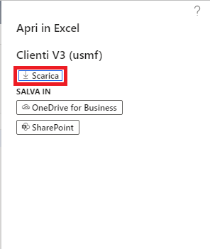 Screenshot delle opzioni Apri in Excel con Download evidenziato.