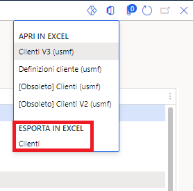 Screenshot del menu Apri in Microsoft Office con Esporta in Excel evidenziato.