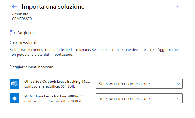 Screenshot dell'impostazione dei riferimenti di connessione durante l'importazione.