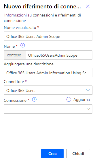 Screenshot dei dettagli del nuovo riferimento a una connessione.