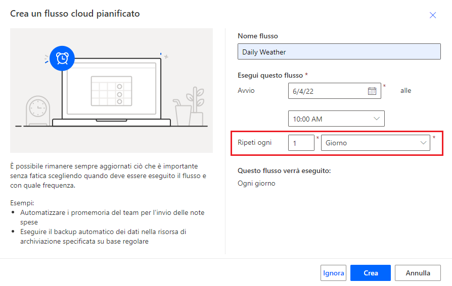 Screenshot della configurazione Crea un flusso cloud pianificato.