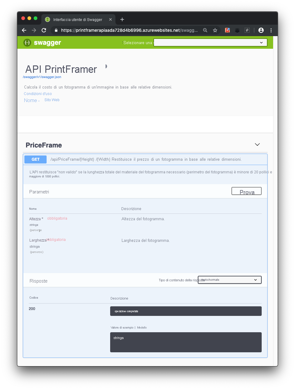 Swagger UI con la documentazione finale specificata dai commenti XML per l'API.