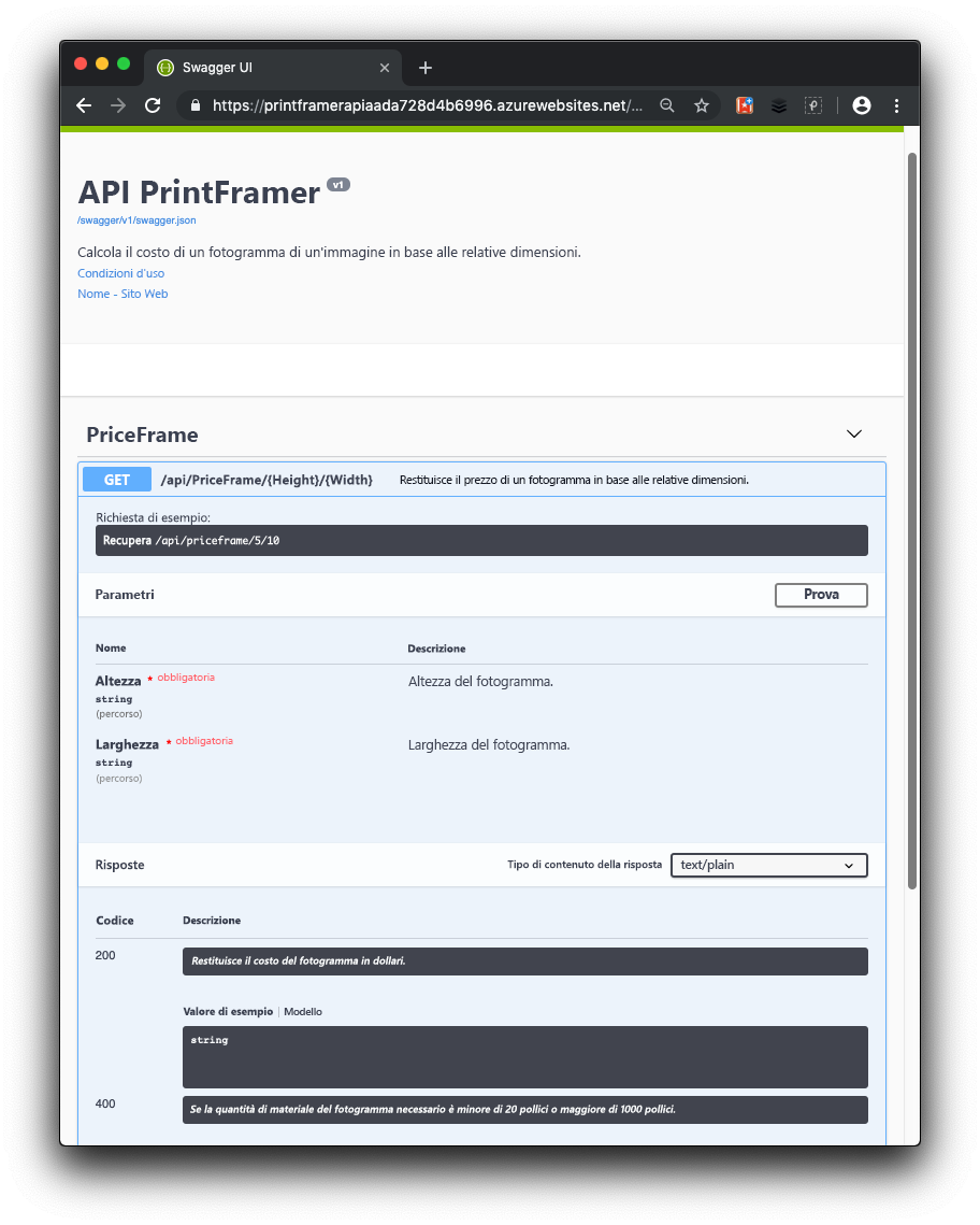 Interfaccia utente di Swagger con altra documentazione specificata dai commenti XML per l'API.