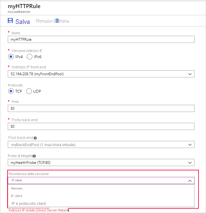 Screenshot che mostra come impostare l'affinità IP nel portale di Azure.