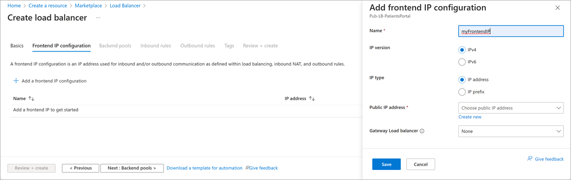 Screenshot che mostra le impostazioni completate per Aggiungere configurazione IP front-end.