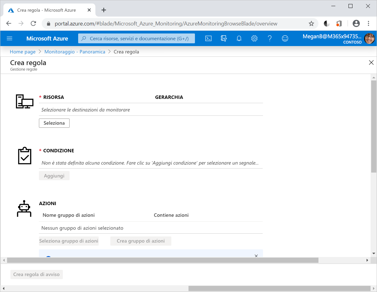 Screenshot della pagina Crea regola nel portale di Monitoraggio di Azure.