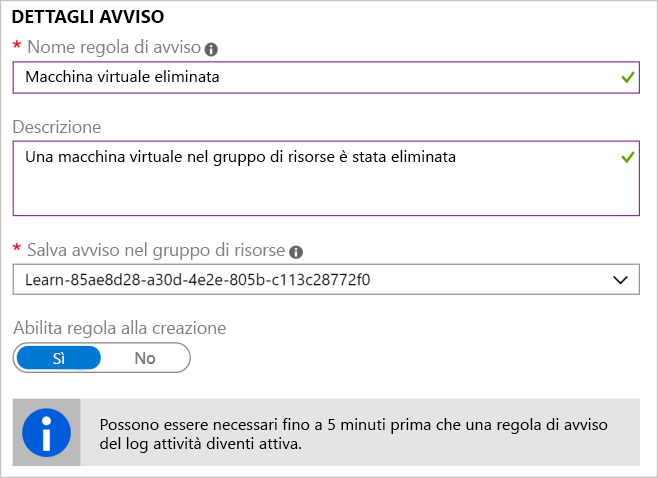 Screenshot che mostra la sezione Dettagli avviso completata.