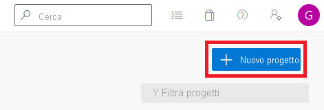 Screenshot di Azure DevOps con il pulsante Nuovo progetto evidenziato.