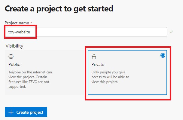 Screenshot del riquadro Crea un progetto per iniziare di Azure DevOps che mostra il nome del progetto e le opzioni di visibilità evidenziate.