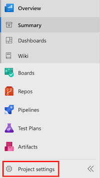 Screenshot di Azure DevOps che mostra il menu, con la voce di menu 'Project Settings' evidenziata.