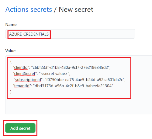 Screenshot dell'interfaccia GitHub che mostra la pagina del nuovo segreto, con il nome e il valore completati e il pulsante per aggiungere il segreto evidenziato.