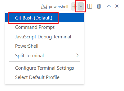 Screenshot della finestra del terminale di Visual Studio Code, con l'elenco a discesa della shell del terminale e l'opzione Git Bash (predefinita) selezionata.