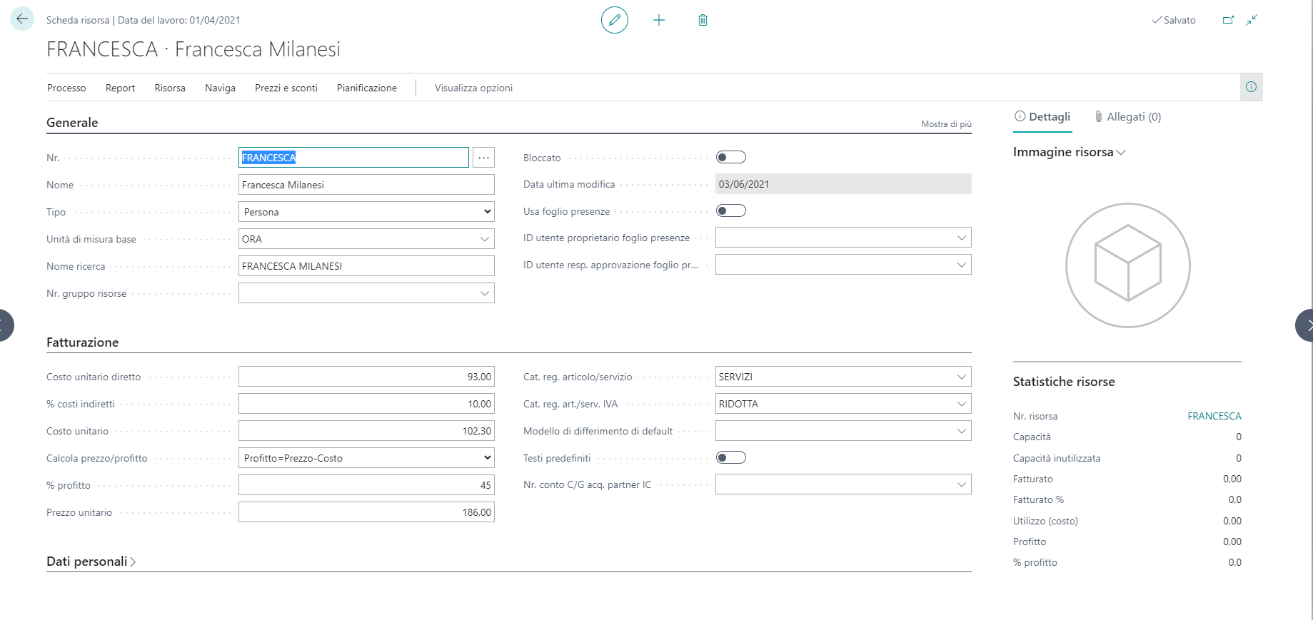 Screenshot della pagina Scheda risorsa in Business Central.