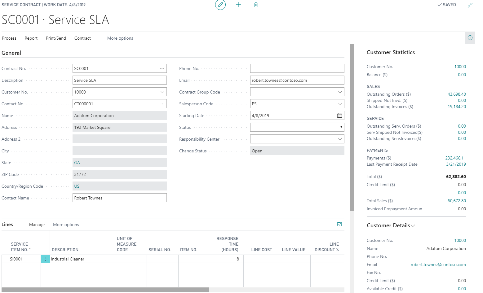 Screenshot della pagina Contratto assistenza in Business Central.