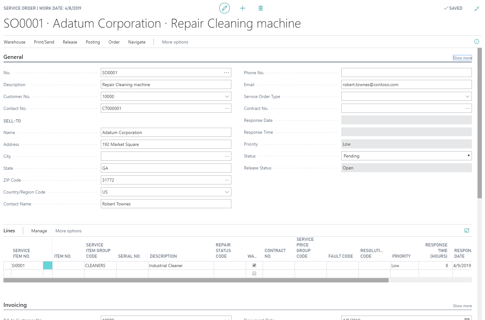 Screenshot della pagina Ordine assistenza in Business Central.