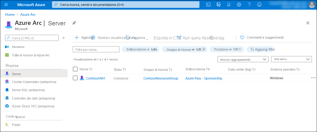 Screenshot del portale di Azure che visualizza la voce che rappresenta un server Windows abilitato per Azure Arc.