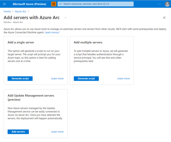 Screenshot che illustra le diverse opzioni per l'onboarding nei server abilitati per Azure Arc per server singolo, più server e gestione degli aggiornamenti