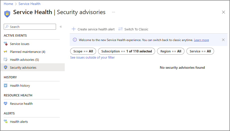 Screenshot degli avvisi di sicurezza di integrità dei servizi di Azure.