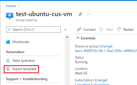 Screenshot showing Export template option for a VM.