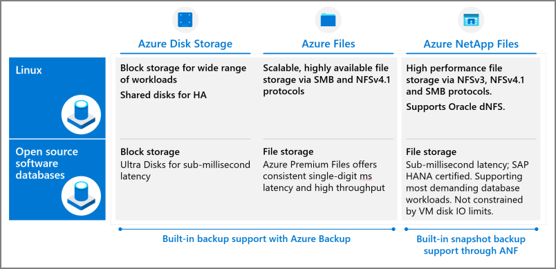 Tabella che elenca le varie opzioni di Archiviazione di Azure.