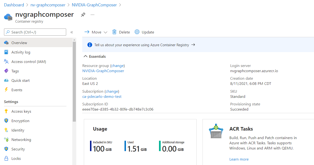 Screenshot che mostra la panoramica di Registro Azure Container.