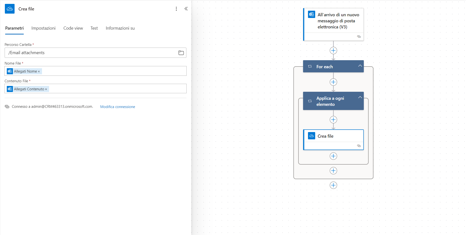 Screenshot della creazione di un flusso basato su Outlook.