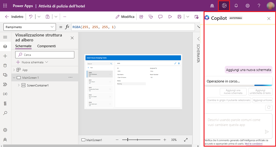 Screenshot che mostra il pannello Copilot.