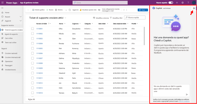 Screenshot del riquadro destro di Copilot in un'app basata su modello.