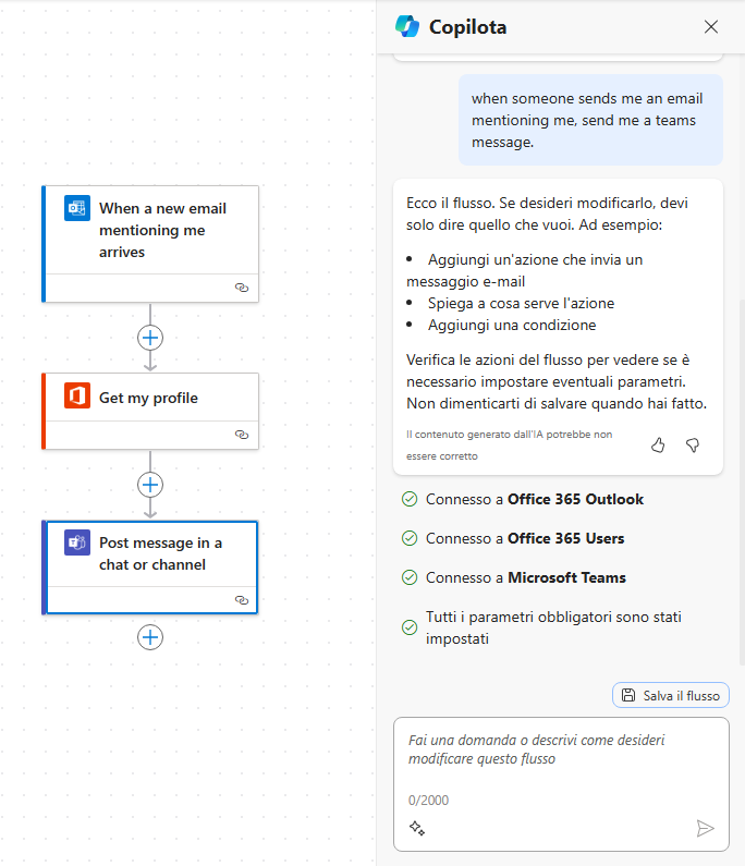 Screenshot di una chat di Copilot per semplificare la creazione di un flusso.