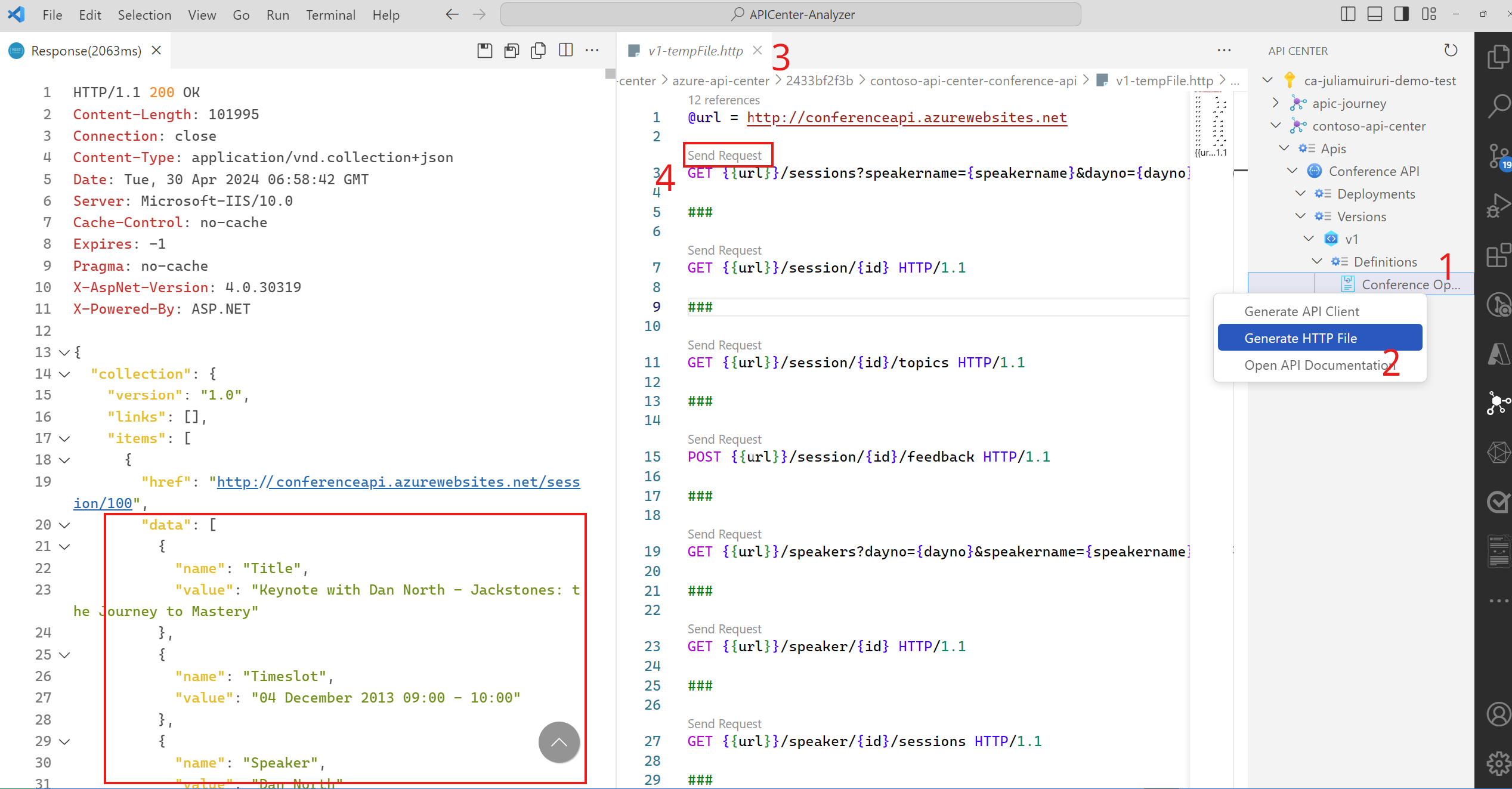 Screenshot che mostra come usare Client REST per visualizzare .http dell'API in VS Code