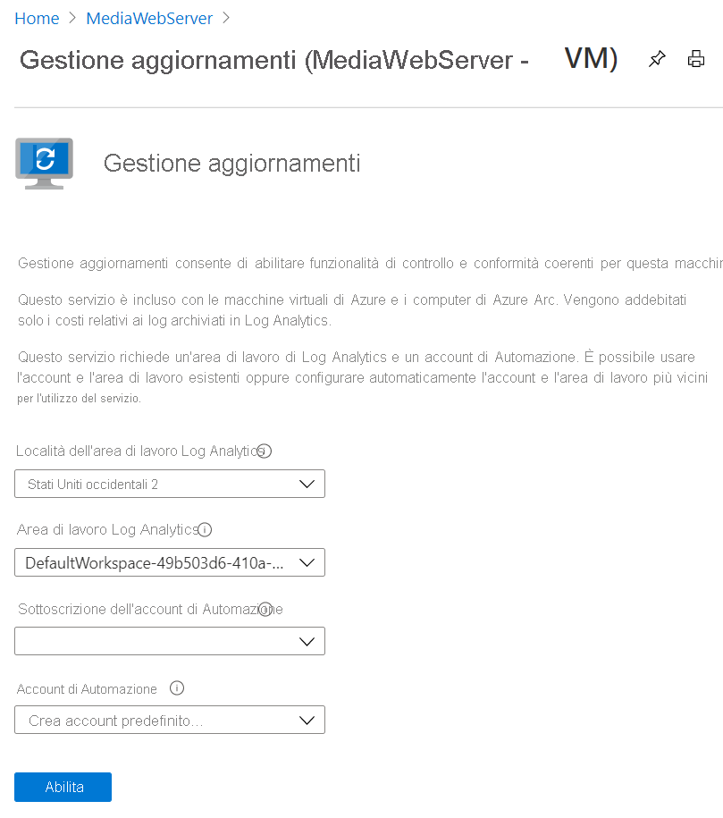 Screenshot della pagina di gestione degli aggiornamenti con percorso e area di lavoro Log Analytics, sottoscrizione dell'account di Automazione e campi dell'account di Automazione.