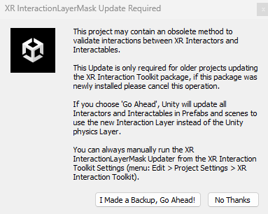 Screenshot dell'aggiornamento dei metodi in XR InteractionLayerMask.