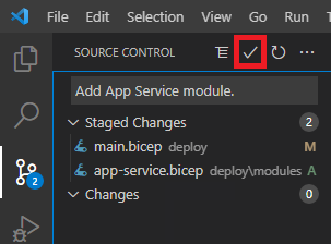 Screenshot di Visual Studio Code che mostra Controllo del codice sorgente, con l'icona Commit evidenziata.