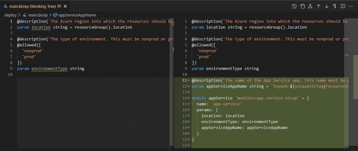 Screenshot di Visual Studio Code che mostra le differenze tra il file main.bicep corrente e la versione modificata.