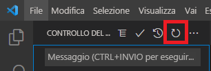 Screenshot di Visual Studio Code che mostra Controllo del codice sorgente, con l'icona Aggiorna evidenziata sulla barra degli strumenti.