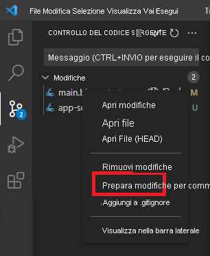 Screenshot di Visual Studio Code che mostra Controllo del codice sorgente, con il menu di scelta rapida di main.bicep visualizzato e la voce di menu Prepara modifiche per commit evidenziata.