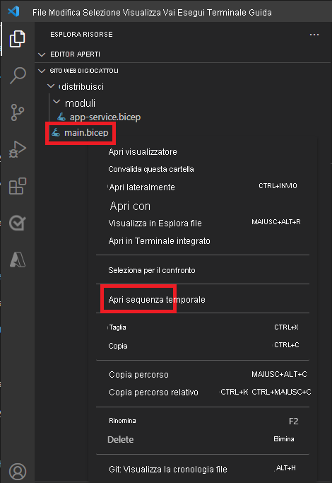 Screenshot di Visual Studio Code che mostra il pannello Esplora risorse, con il menu di scelta rapida visualizzato per il file main.bicep e la voce di menu Apri sequenza temporale evidenziata.