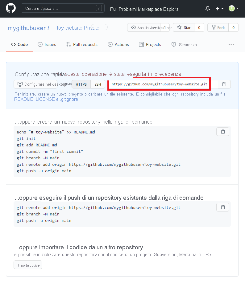 Screenshot dell'interfaccia di GitHub che mostra i dettagli del nuovo repository, con l'URL del repository evidenziato.