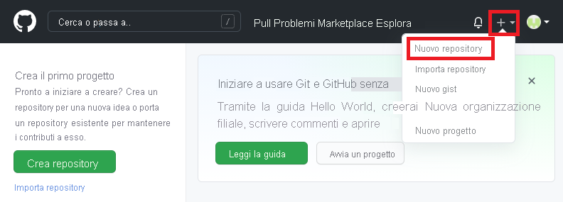 Screenshot dell'interfaccia di GitHub con il menu per la creazione di un nuovo repository.