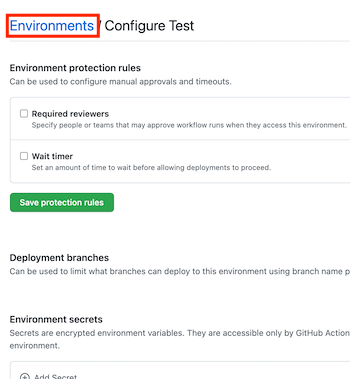 Screenshot della pagina di GitHub per un nuovo ambiente denominato Test con il collegamento Environment.