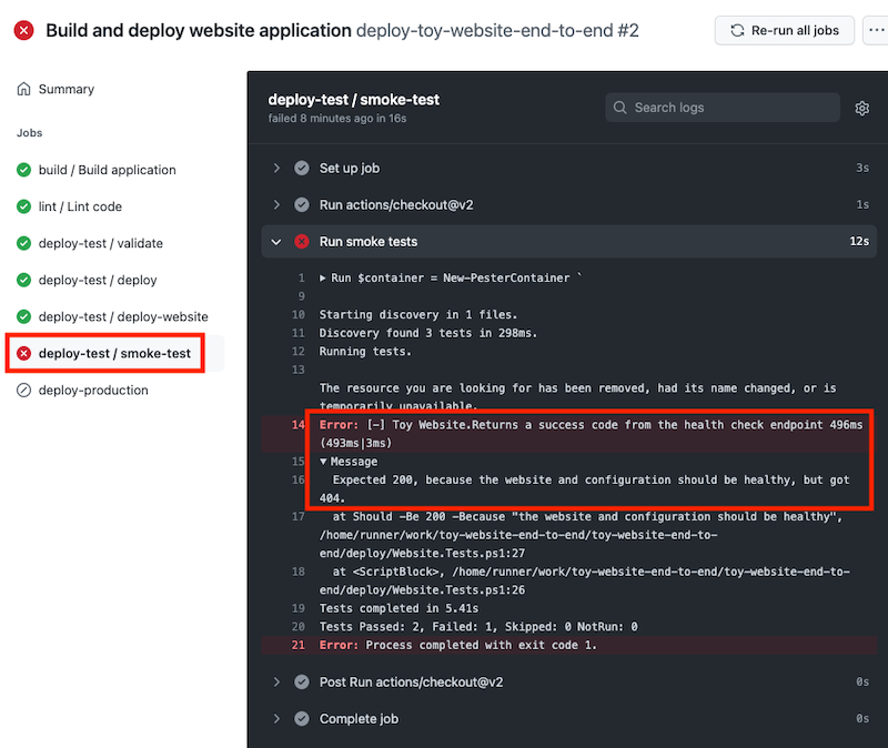 Screenshot di GitHub che mostra il log dell'esecuzione del flusso di lavoro, con l'output dello smoke test visualizzato. Il risultato del test di integrità JSON è evidenziato.