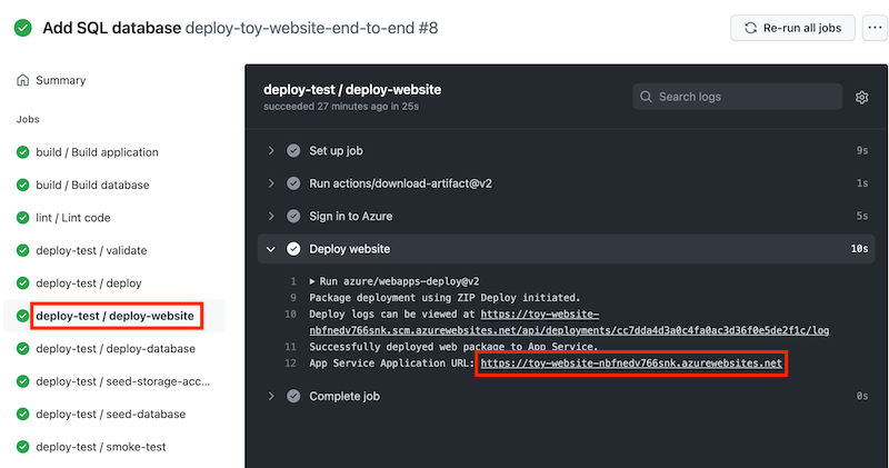 Screenshot di GitHub Actions che mostra il log del flusso di lavoro per il processo deploy-website dell'ambiente di test. L'URL dell'app del servizio app è evidenziato.