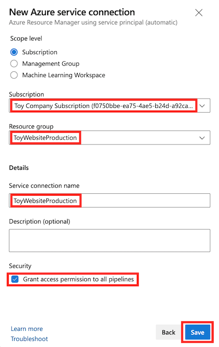 Screenshot di Azure DevOps che mostra la pagina per la creazione di una connessione al servizio per l'ambiente di produzione, con i dettagli compilati.