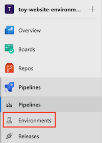 Screenshot dell'interfaccia di Azure DevOps che mostra il menu Pipelines e la voce Ambienti.