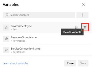 Screenshot dell'interfaccia di Azure DevOps che mostra l'elenco di variabili e il pulsante Elimina.