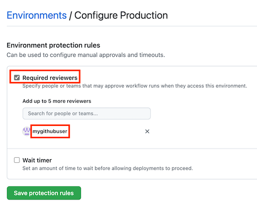 Screenshot dell'interfaccia di GitHub che mostra la pagina per l'aggiunta di un revisore obbligatorio, con dettagli completi e il pulsante Save protection rules.