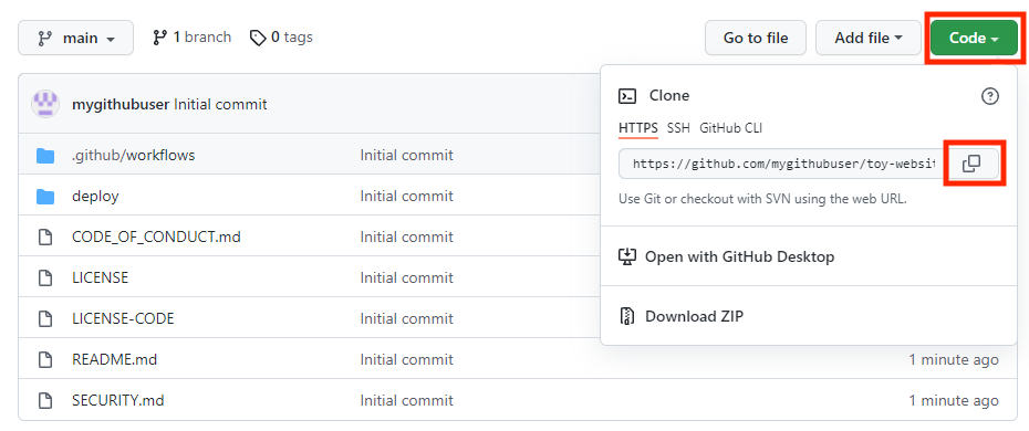 Screenshot dell'interfaccia di GitHub che mostra il nuovo repository con il pulsante di copia dell'URL del repository evidenziato.